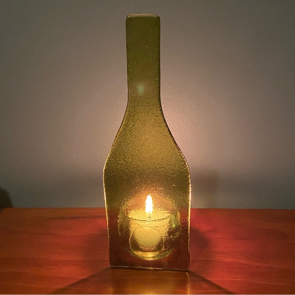 Wine Bottle Shaped Candle Holder Tea Light Green Glass 7.75” Hand Blown EUC